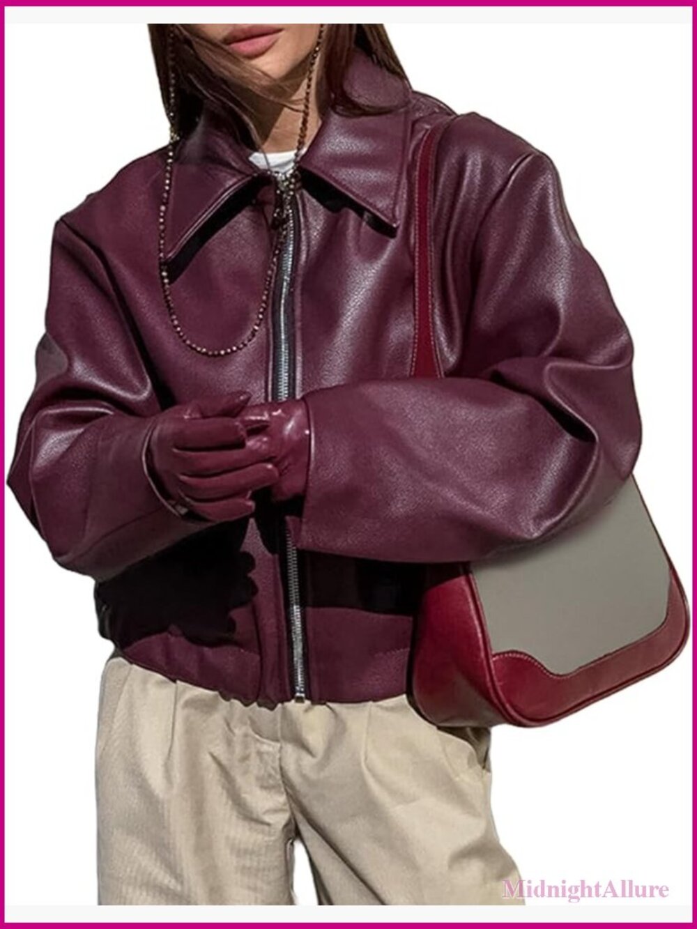 Faux Leather Motorcycle Jacket Zip Up Women Winter Coat Trendy Outerwear